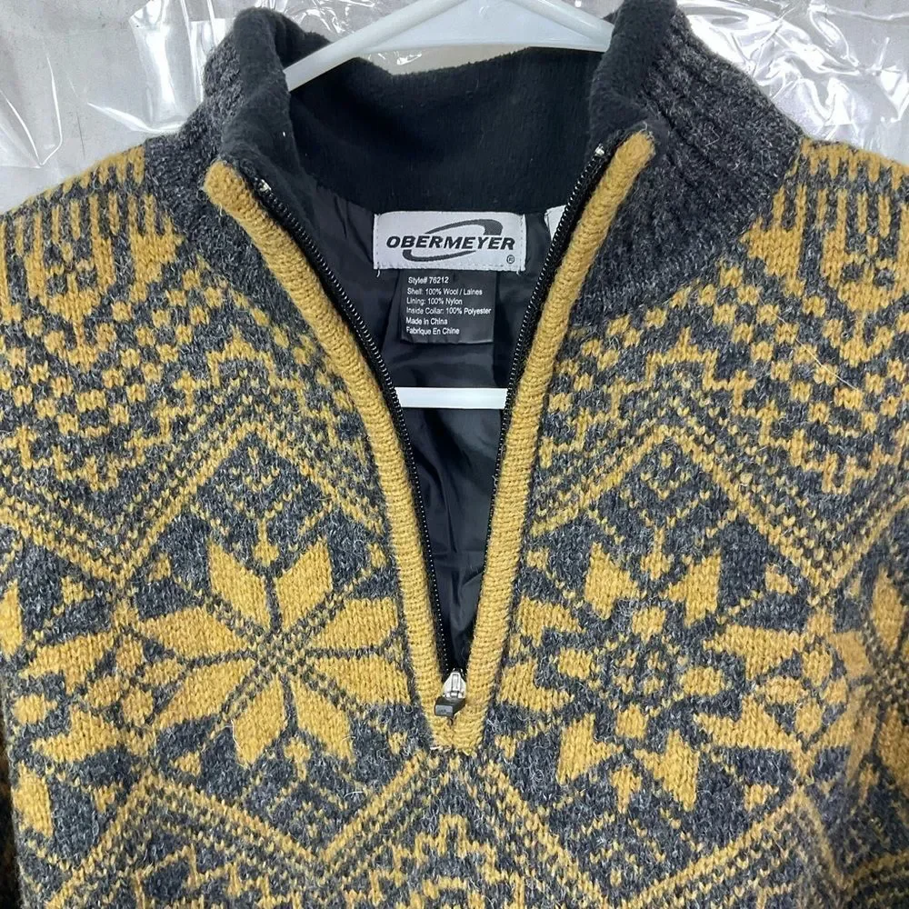 Obermeyer Vintage Men’s Gray Yellow Nordic Fair Isle 1/4 Zip Wool Sweater M